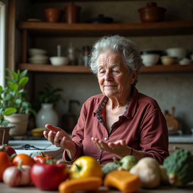 Senhora ensinando receita de família de charutinho em cozinha aconchegante.