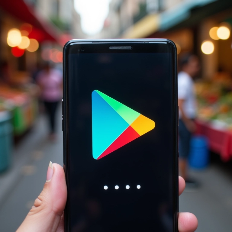 Smartphone mostrando logo da Play Store com símbolo de carregamento.