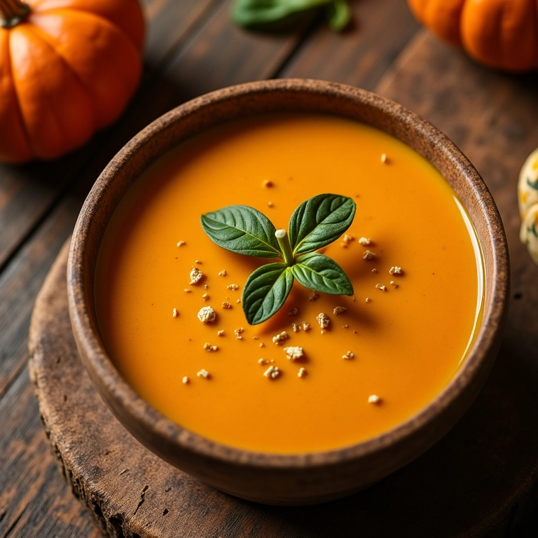 Sopa cremosa de abóbora com ora-pro-nóbis servida em uma tigela.