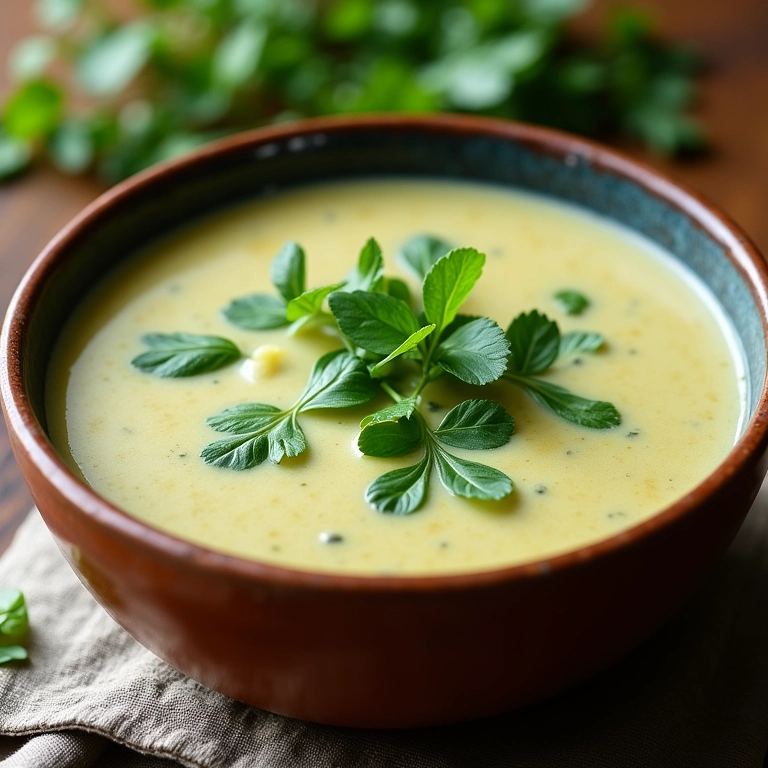 Sopa cremosa de agrião com batata em tigela rústica