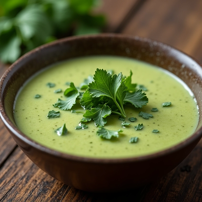 Sopa cremosa de talos de brócolis com ervas frescas.
