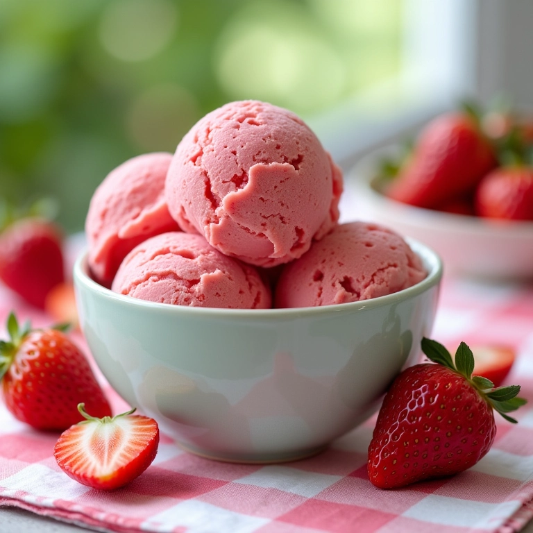 Sorvete caseiro de morango em tigela vintage com morangos frescos.