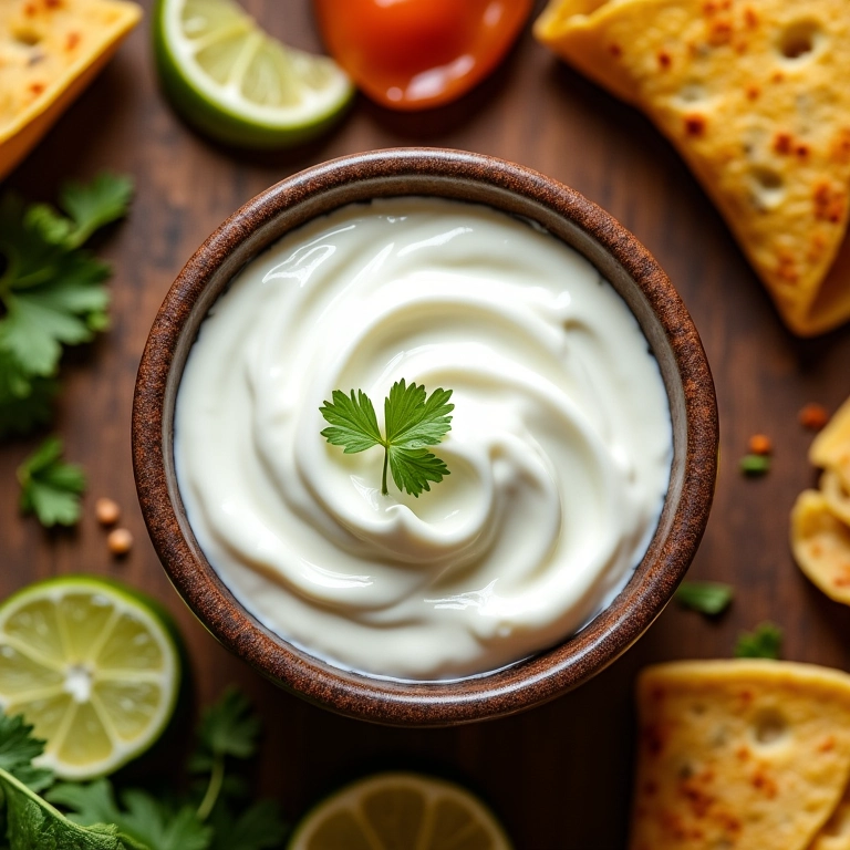 Sour cream caseiro em uma tigela rústica, acompanhado de tacos e quesadillas.