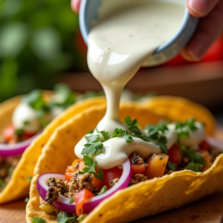 Sour cream vegano de castanha de caju sobre tacos veganos coloridos.