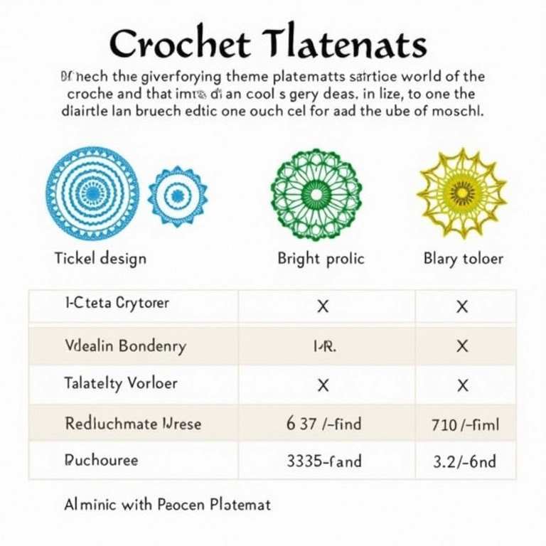 Tabela de materiais e tamanhos para jogos americanos de crochê.