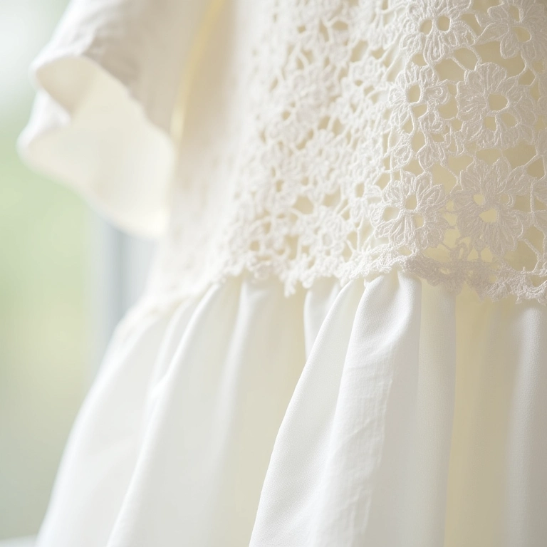 Tecido de forro claro contrastando com colete de renda.