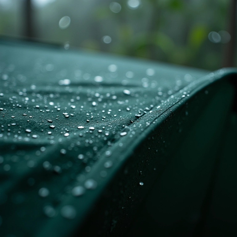 Tecido impermeável protegendo a barraca da chuva.
