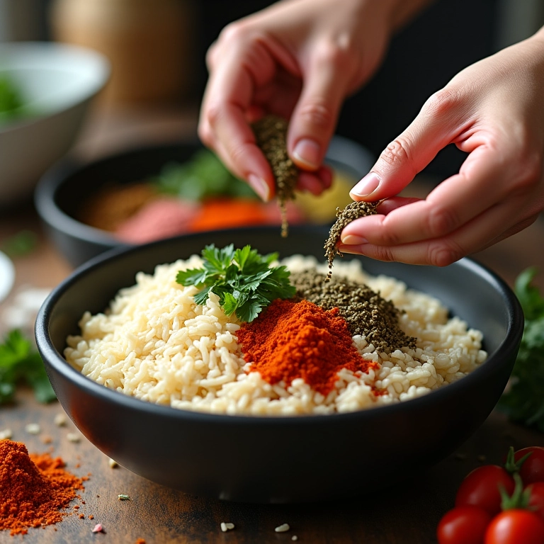 Temperando arroz com especiarias para uma galinhada irresistível.