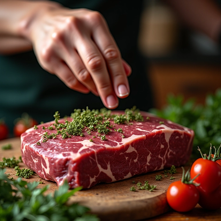 Tempero de carne de boi com ervas e especiarias frescas.
