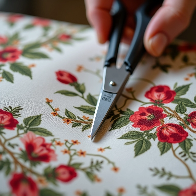 Tesoura de tecido Mundial cortando tecido floral.