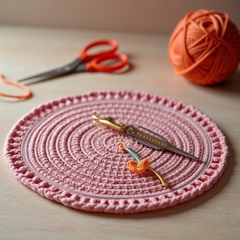 Tesoura e agulha de tapeçaria sobre jogo americano de crochê.