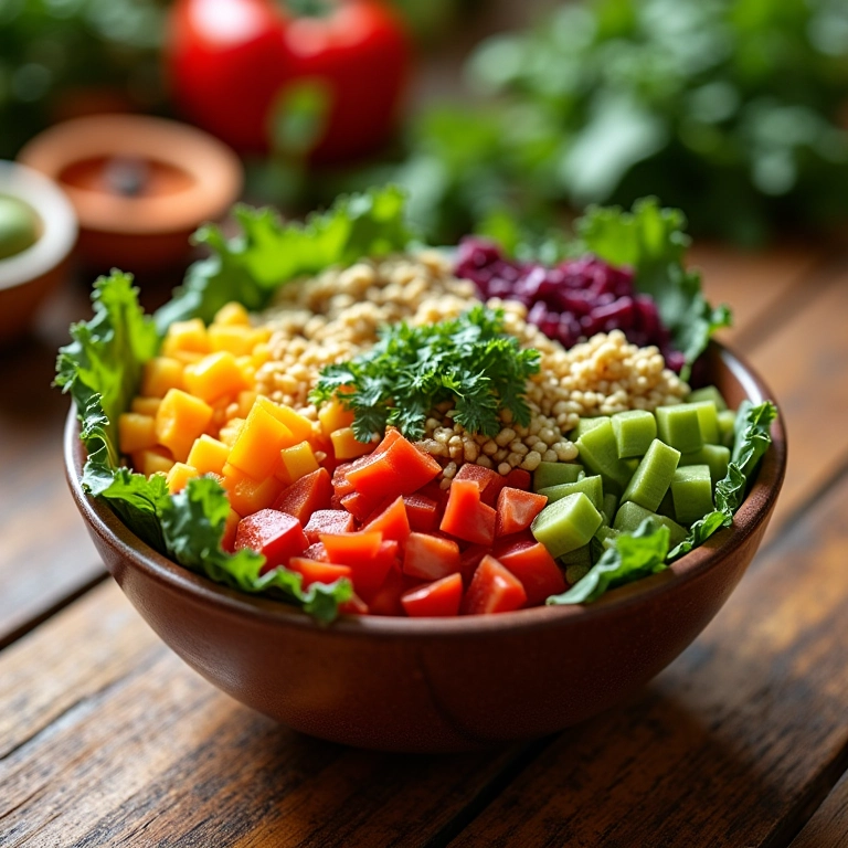 Tigela colorida com ingredientes frescos e saudáveis.