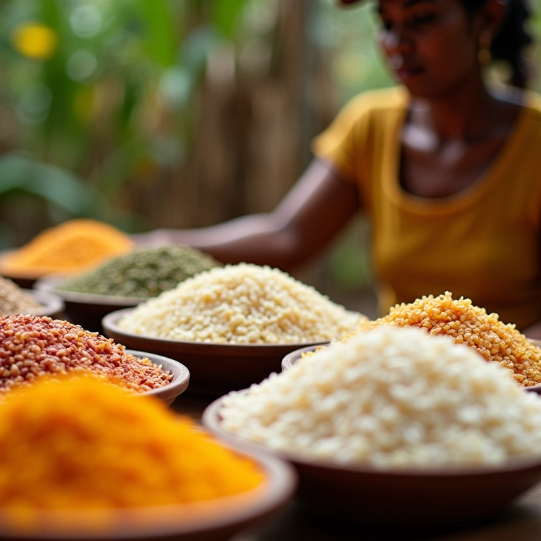 Tipos de arroz diferentes para galinhada, com mulher brasileira escolhendo.