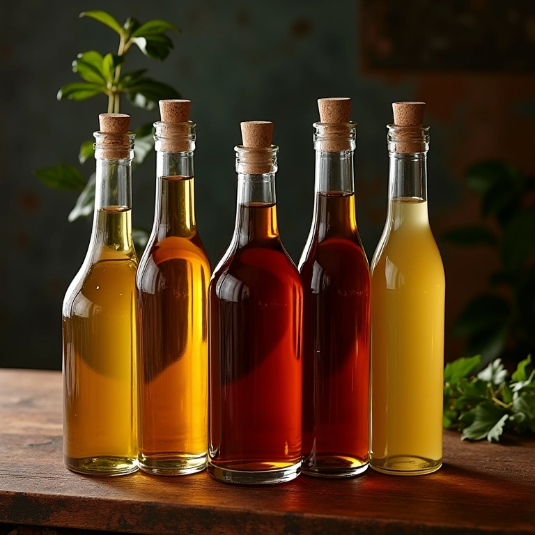 Tipos de vinagre para ketchup: maçã, vinho branco e balsâmico em garrafas de vidro.