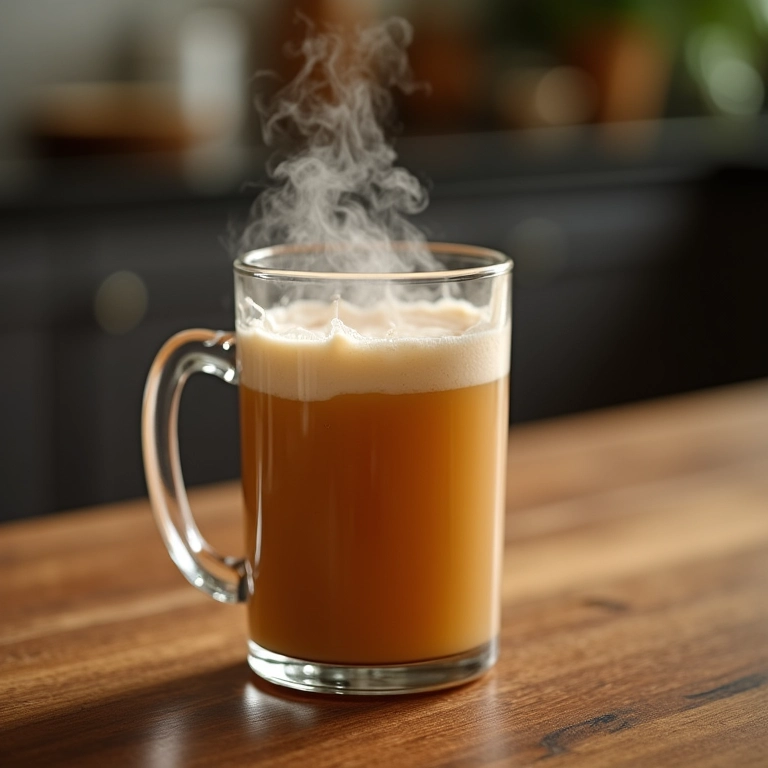 Toddy cremoso e fumegante servido em caneca de vidro.