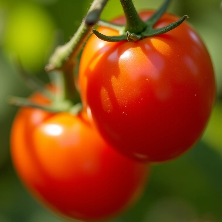 Tomates vermelhos e maduros em uma videira sob o sol em uma fazenda brasileira.