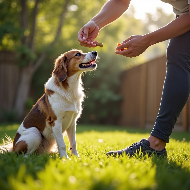 Tutor recompensando o cachorro com petisco após fazer necessidades no lugar certo.