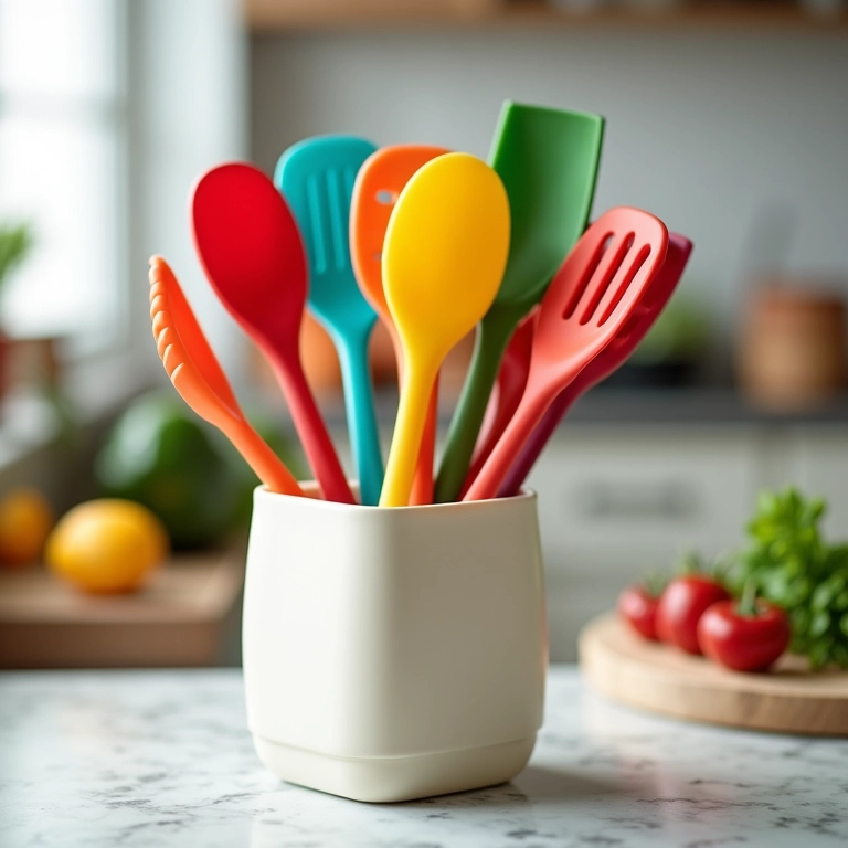 Utensílios de silicone coloridos em um suporte estiloso em uma cozinha decorada com estilo Farm Rio.
