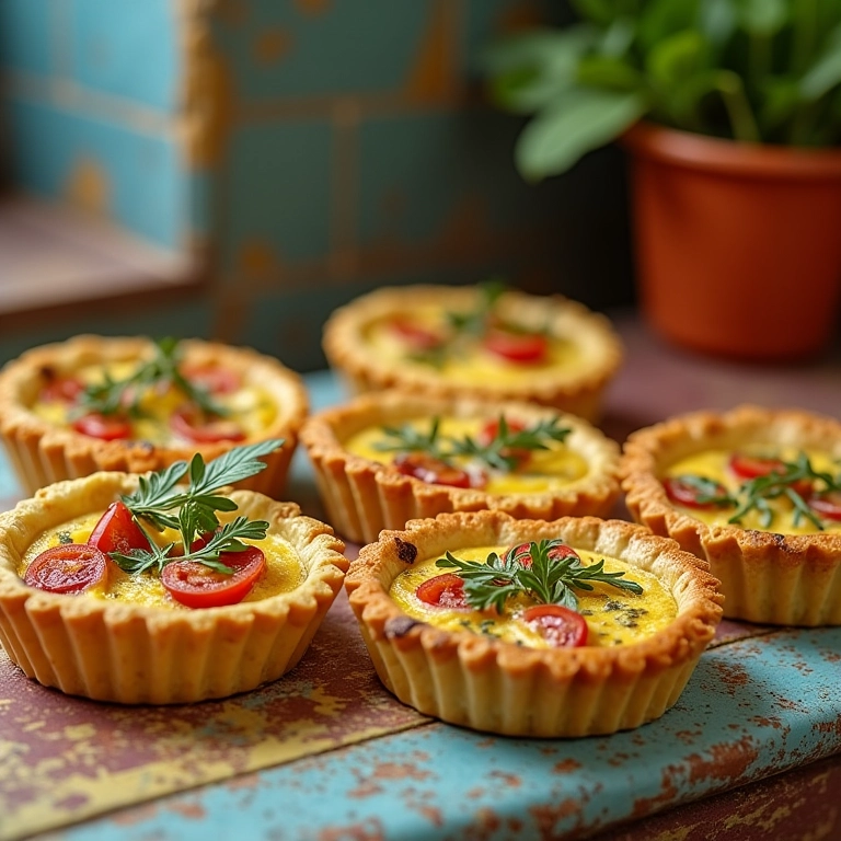 Várias quiches sem massa com diferentes recheios em balcão colorido.