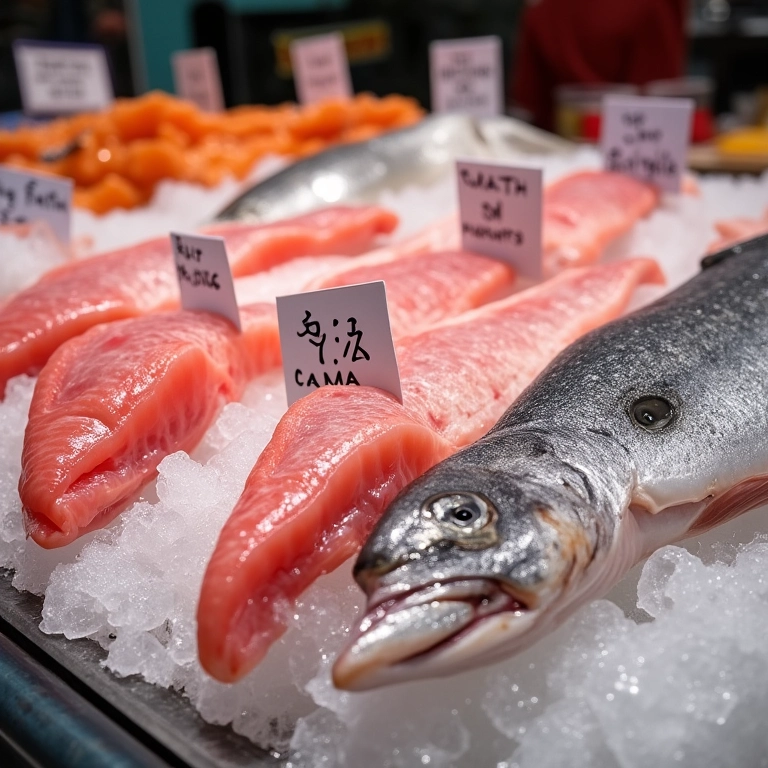 Variedade de filés de peixe frescos: tilápia, bacalhau, merluza.