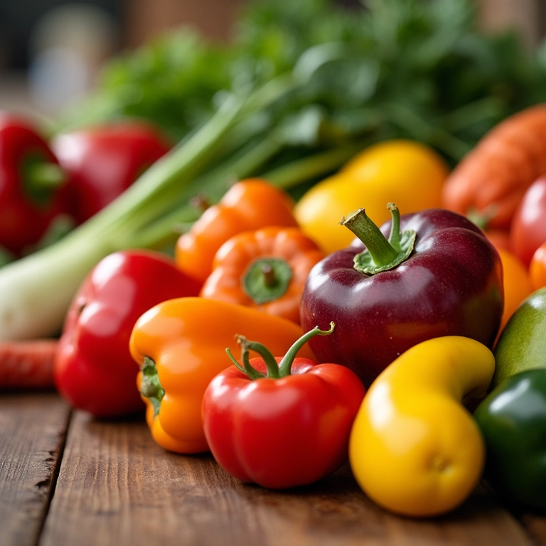 Variedade de frutas e verduras da estação em exposição sobre bancada de madeira.