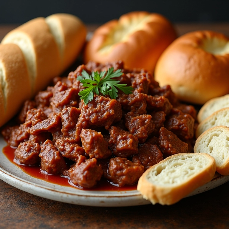 Variedade de pães ao redor de um prato de Carne Louca.