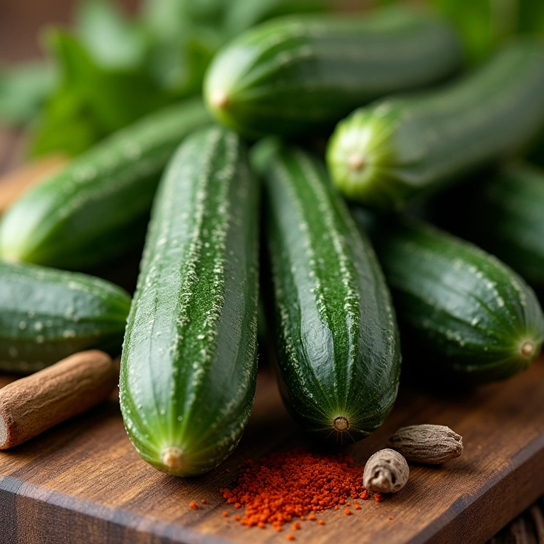 Variedade de pepinos para picles, mostrando diferentes tipos e texturas.