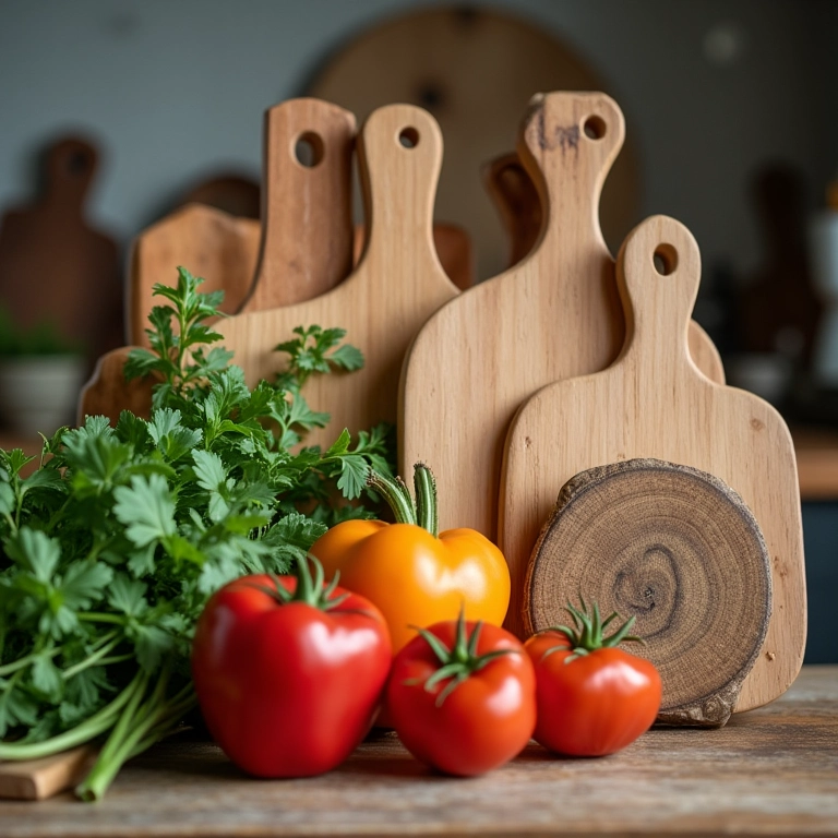 Variedade de tábuas de corte de madeira (bambu, madeira maciça) com legumes e ervas em uma cozinha rústica.