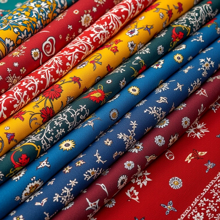 Variedade de tecidos coloridos para confecção de bandanas.