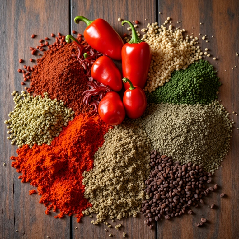 Variedade de temperos coloridos em uma mesa de madeira rústica.