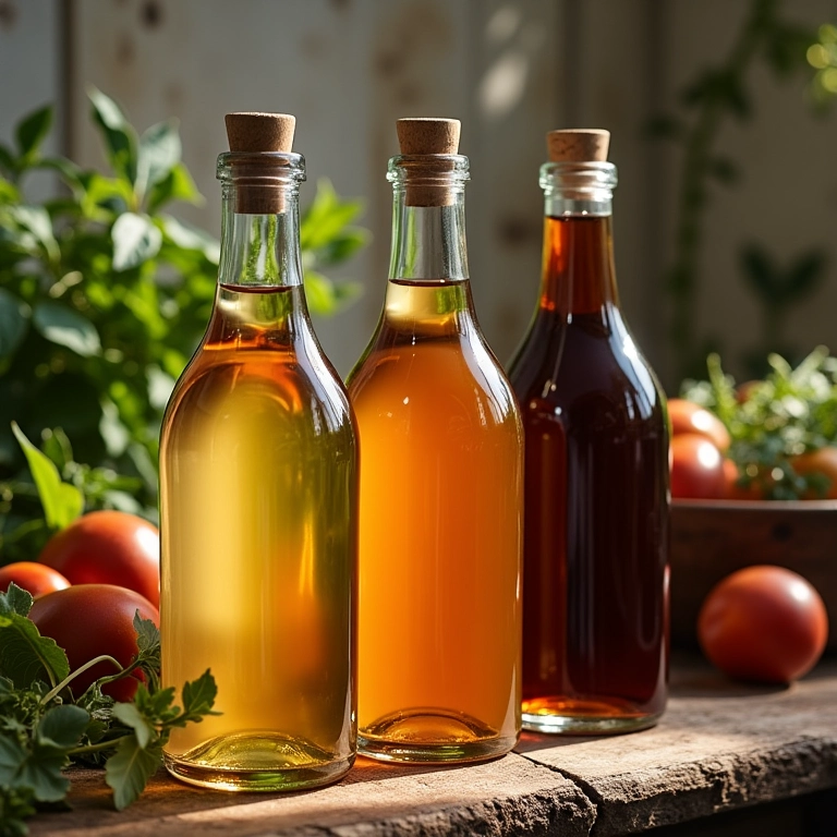 Variedade de vinagres para usar na mostarda caseira: vinho branco, maçã e balsâmico.