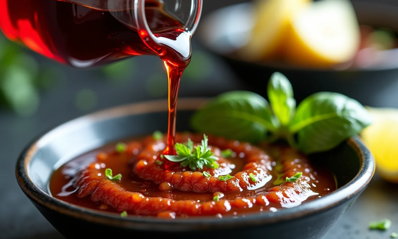 Vinagre de vinho tinto sendo adicionado ao chimichurri.