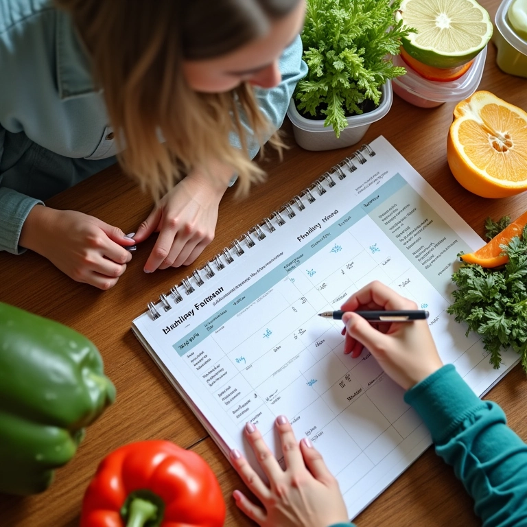 Visão geral de mesa organizada com ingredientes frescos e planejamento de refeições.