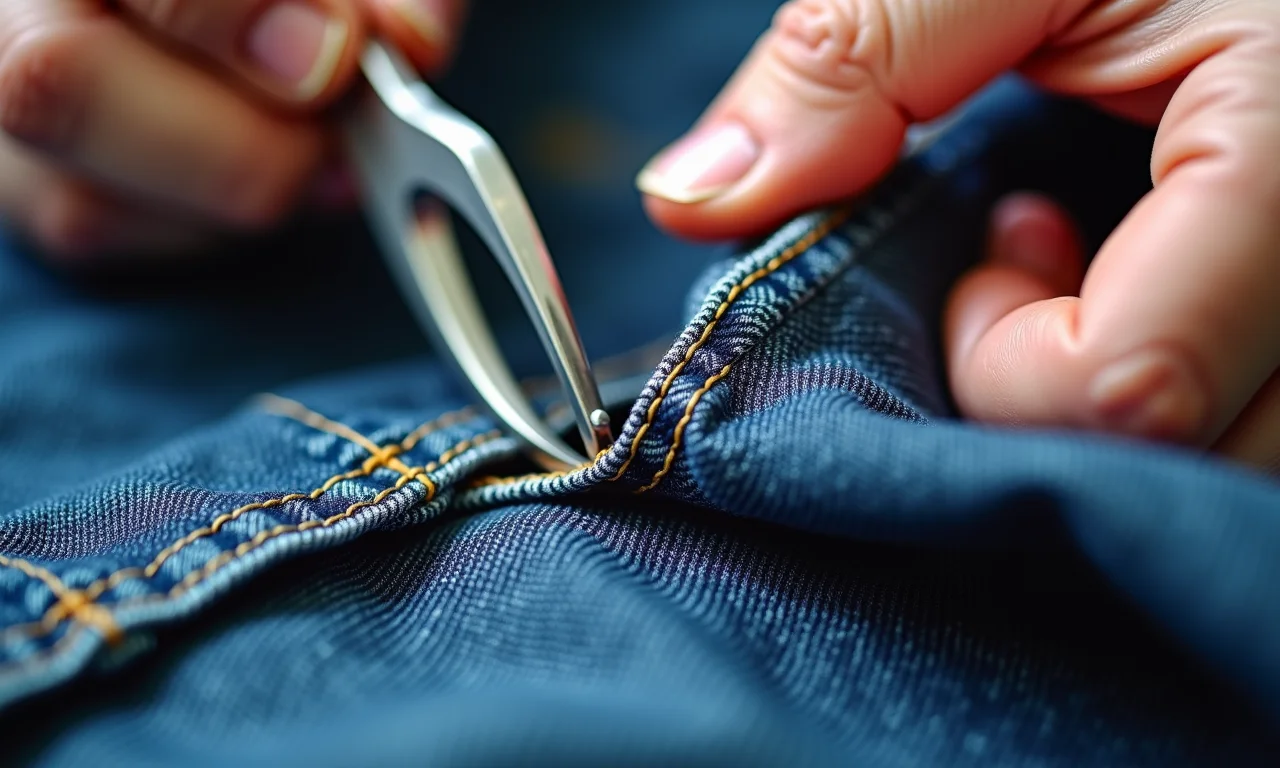 Abrindo a costura interna da calça jeans com um desmanchador.