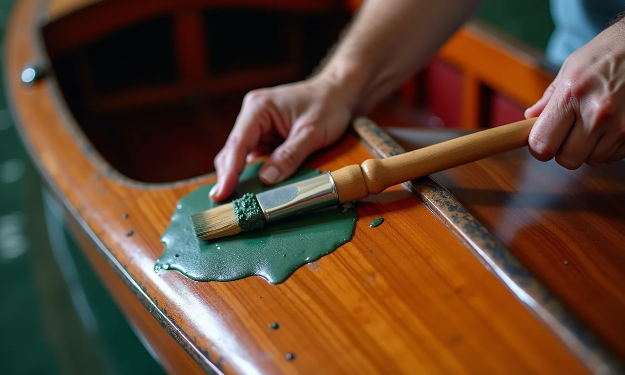 Acabamento de gôndola de madeira: pintura, verniz, cera.