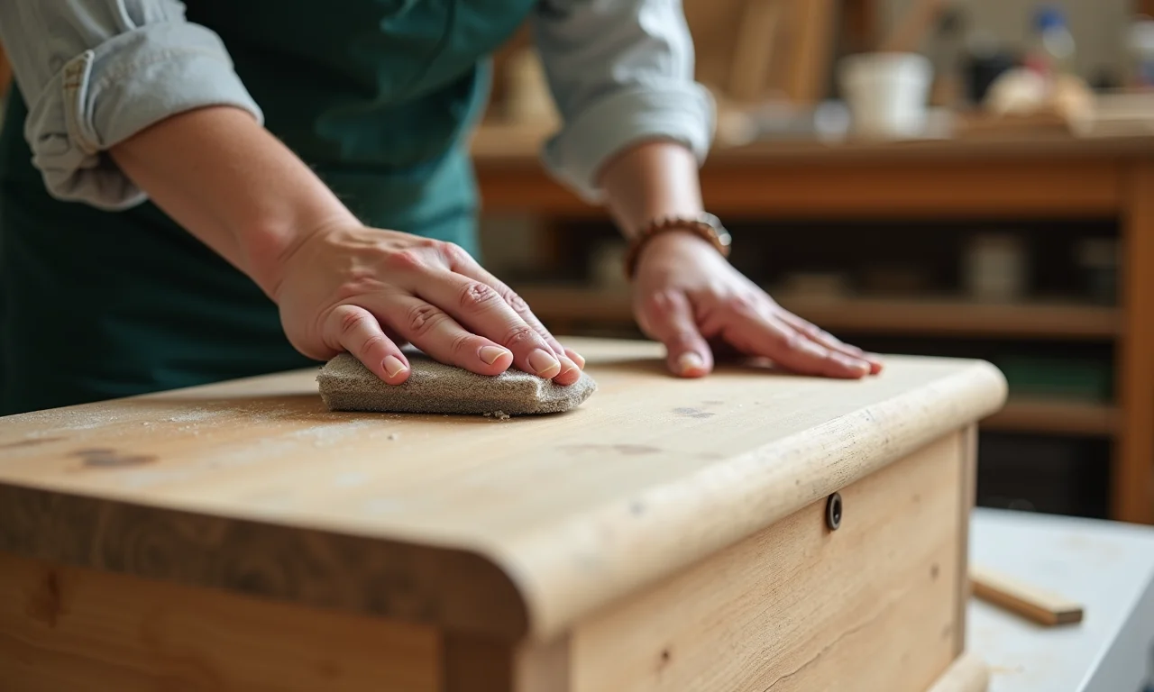 Acabamento impecável em baú de madeira reciclada com lixa fina.