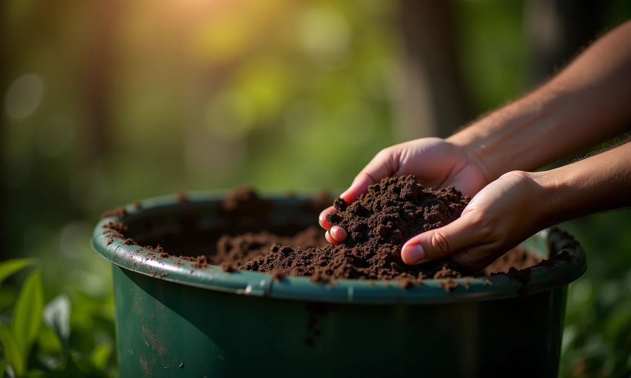 Acelerador de compostagem sendo adicionado a uma composteira.