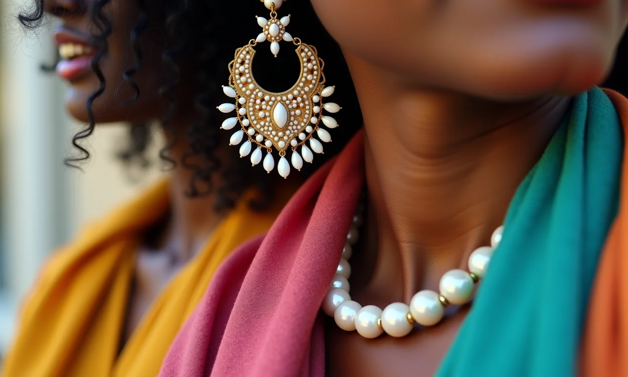 Acessórios da C&A: brincos marcantes, colares de contas, lenços coloridos.