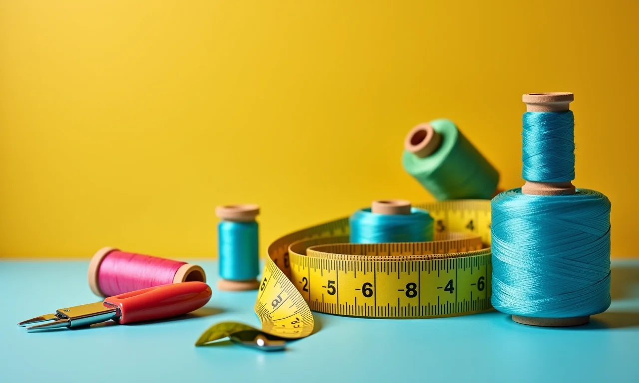 Acessórios de costura para vestido da Frozen: fita métrica, linhas.