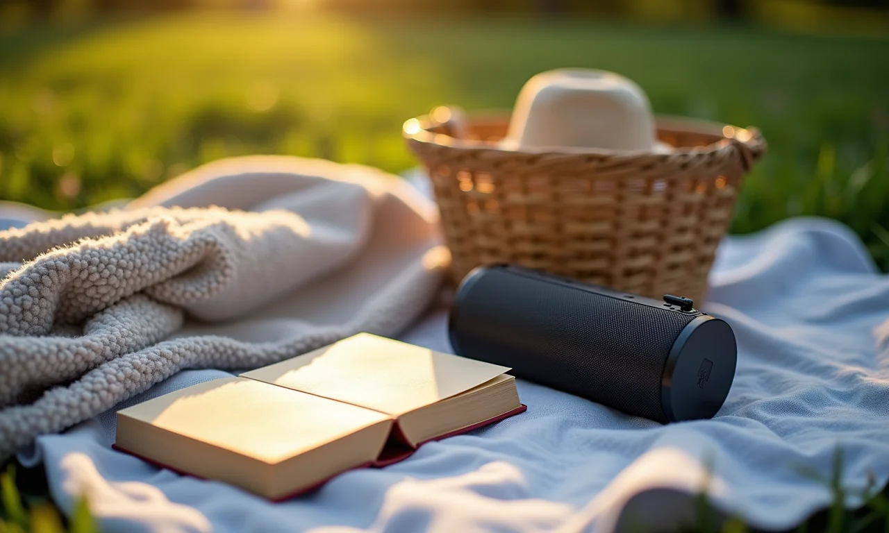 Acessórios indispensáveis para piquenique perfeito: protetor solar, livros e manta aconchegante.