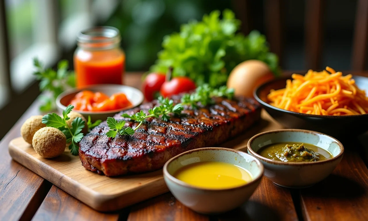 Acompanhamentos clássicos para churrasco brasileiro: farofa, vinagrete, pão de alho.