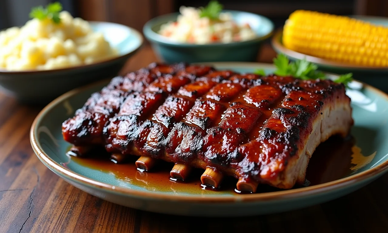 Acompanhamentos variados ao redor de costela suína.