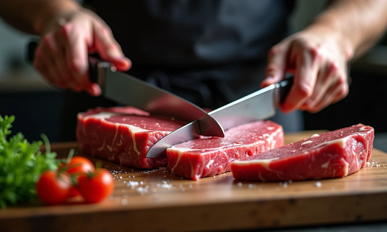 Açougueiro cortando filé mignon fresco para steak tartare.