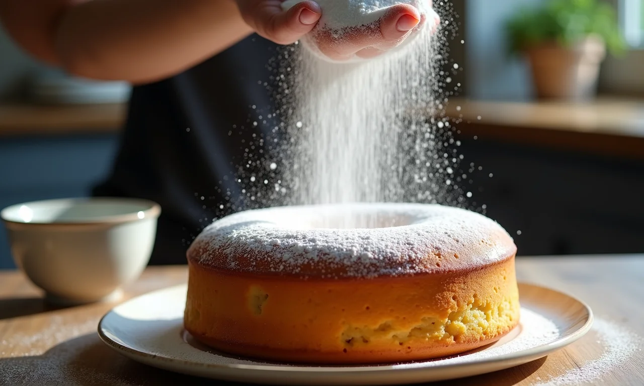 Açúcar de confeiteiro sendo polvilhado sobre o bolo visitandine.