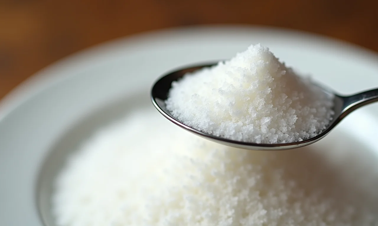 Açúcar sendo medido em uma colher.