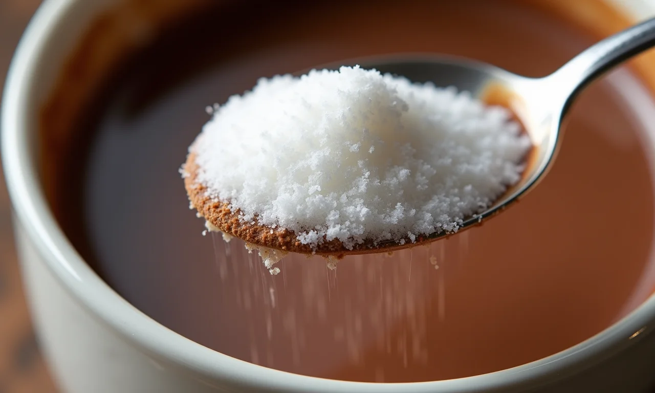 Açúcar sendo medido para adicionar ao chocolate quente.