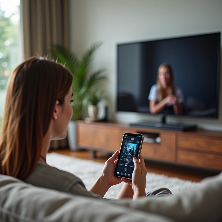 Adaptador MHL sem fio transmitindo vídeo para TV com mulher usando smartphone.