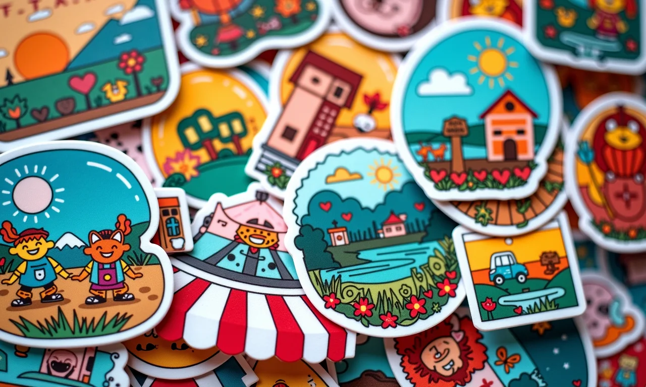 Adesivos personalizados em laptops, cadernos e garrafas.