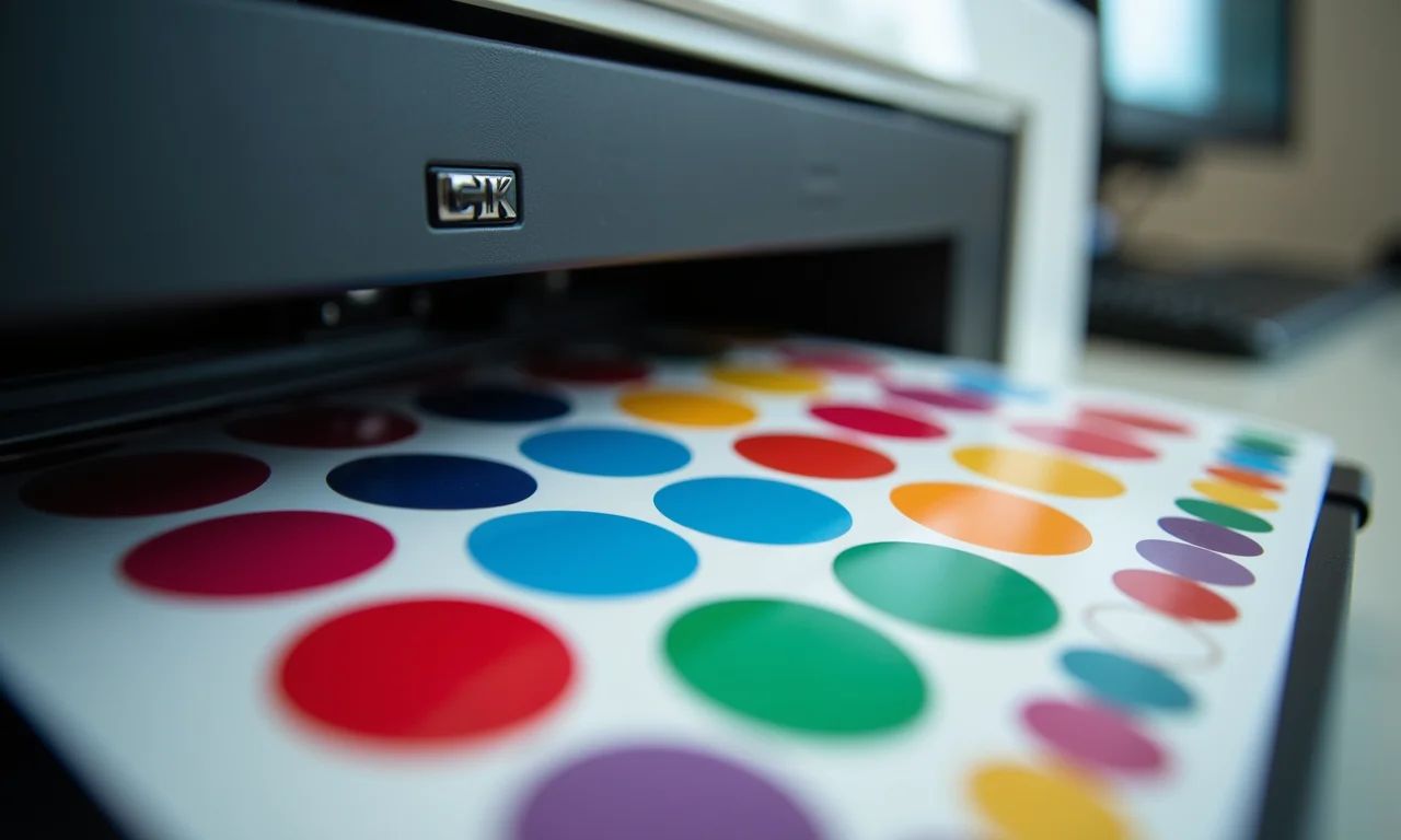 Adesivos sendo impressos com cores vibrantes.