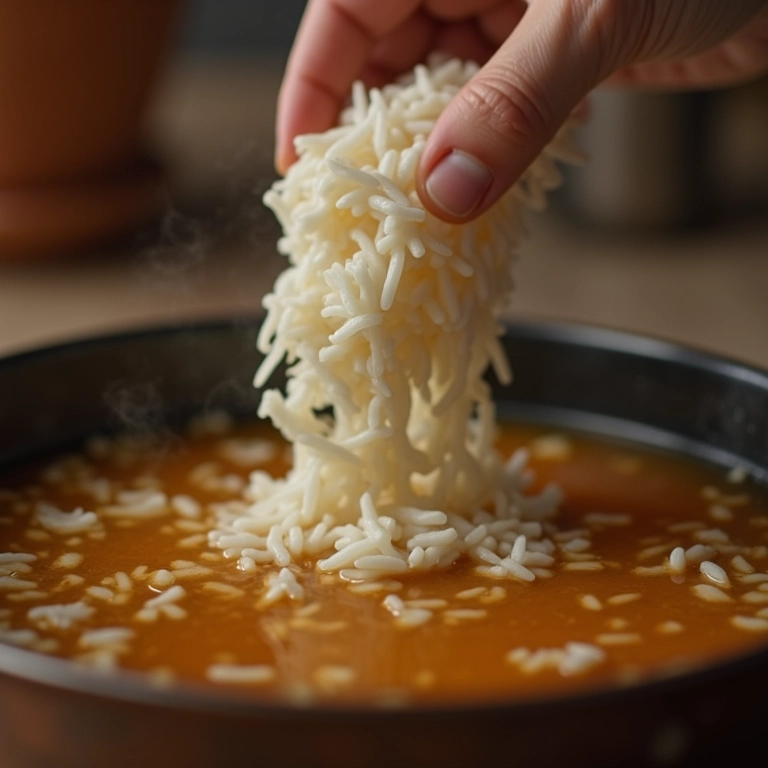 Adicionando arroz arbóreo ao caldo para uma canja cremosa.